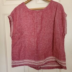 Sigrid Olsen Short Sleeve Red Linen Embroidered Size M Button Back Lagenlook